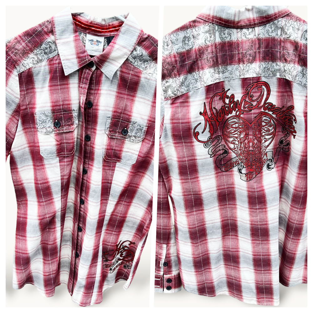 Harley-Davidson Women's Plaid Long Sleeve Woven Shirt Crowned Heart MEDIUM